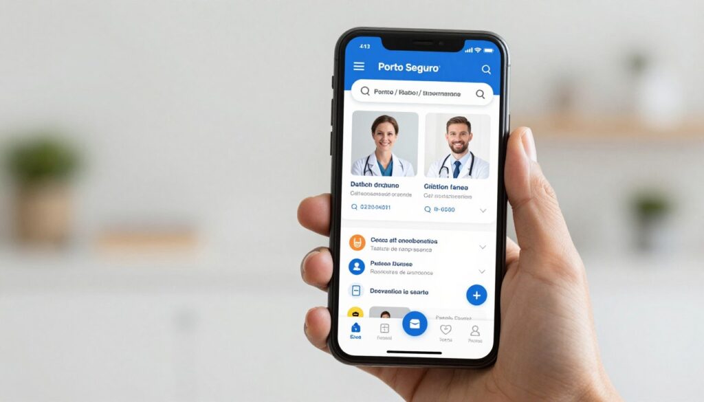 Aplicativo móvel da Porto Seguro mostrando serviços digitais de saúde