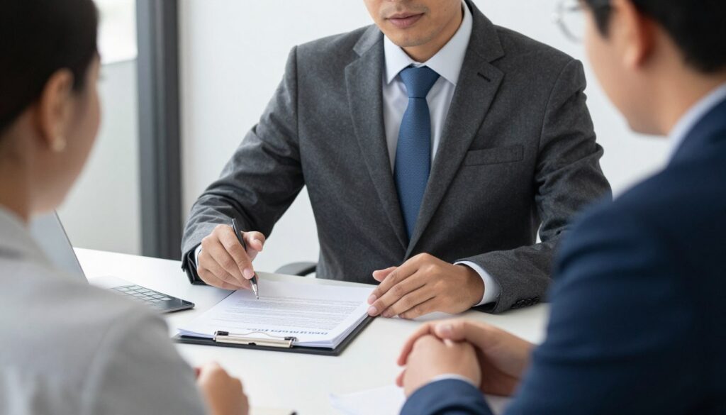 Corretor explicando plano de saúde Porto Seguro para cliente em escritório