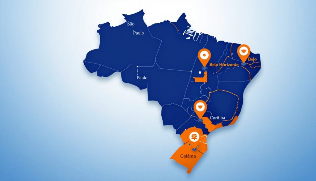 Mapa do Brasil destacando cidades com escritórios Porto Seguro